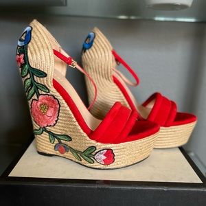GUCCI Red Suede Floral Embroidered Wedge Platform Ankle Strap SIZE EU 38